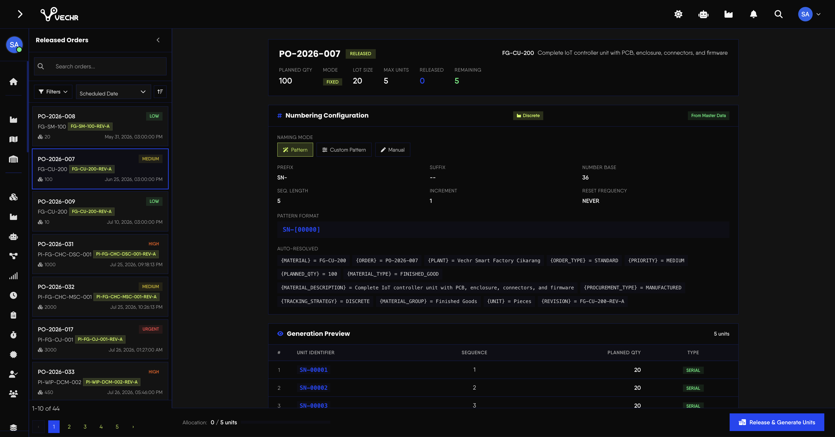 Unit Release Manager generating trackable lots and serials